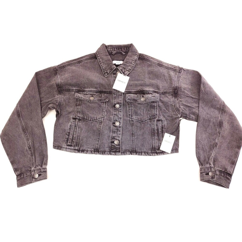 Forever 21 Women's Cropped Denim Jean Jacket Size S Washed Black Jean Jacket